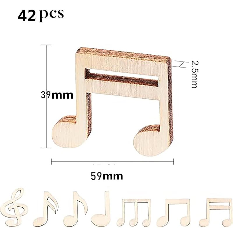 CLITHS 42 Pcs Wood Musical Note Cutouts for DIY Crafts, Home Decor & Music-Themed Projects, 59x39 mm, 2.5mm Thick, Assorted Musical Note Designs - Image 2