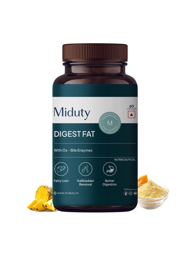 Miduty Digest Fat | Ox Bile 300 mg, Papaya Fruit Powder 100 mg | For Liver Health, Metabolism - Fatty Liver Management - Digestive Enzymes - Gut Health Supplements | 60 Capsules - Image 1