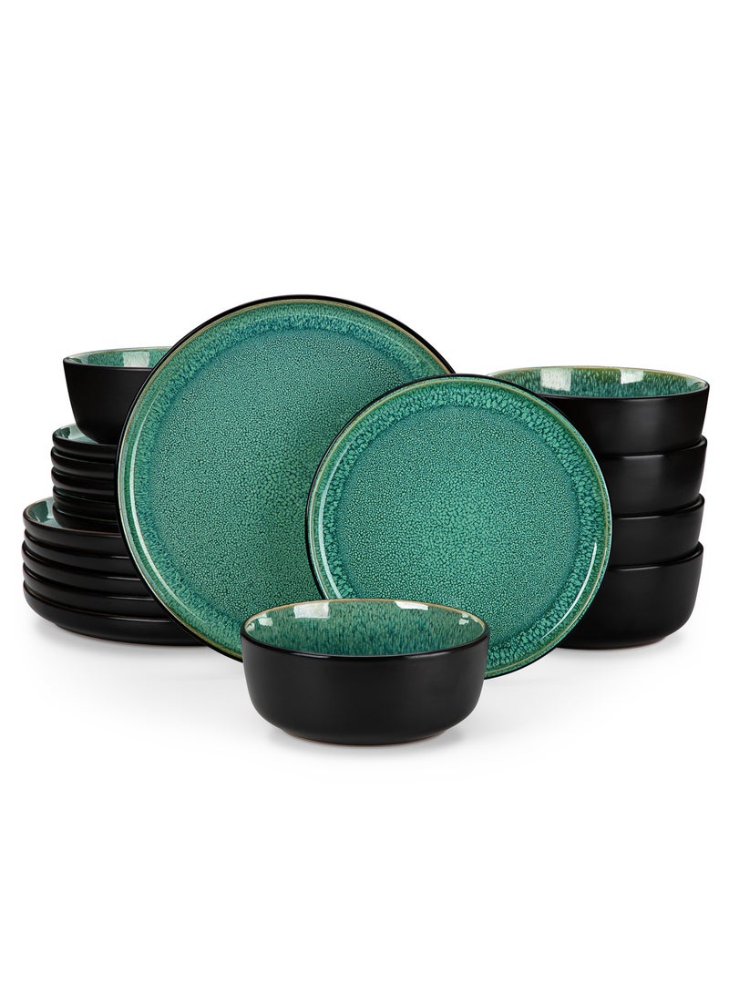 مجموعة عشاء من 18 قطعة، مجموعة سيراميك حجري ل6 أشخاص، تشمل أطباق عشاء، أطباق حلوى، أوعية، أخضر - Image 1