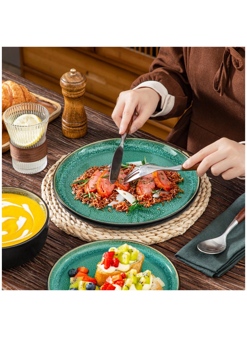 مجموعة عشاء من 18 قطعة، مجموعة سيراميك حجري ل6 أشخاص، تشمل أطباق عشاء، أطباق حلوى، أوعية، أخضر - Image 4