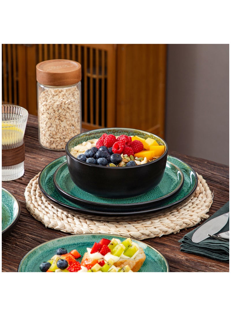 مجموعة عشاء من 18 قطعة، مجموعة سيراميك حجري ل6 أشخاص، تشمل أطباق عشاء، أطباق حلوى، أوعية، أخضر - Image 5