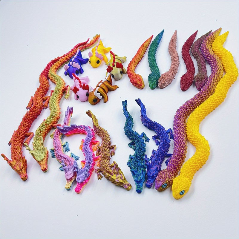 3D Printing 19pcs Set 5 Dragons 5.12 Inches 2 Dragons 11.61 Inches 5 Snakes 5.12 Inches 2 Snakes 11.81 Inches 5 Axolotls Random Colors Aquarium Mini Garden Decor - Image 1