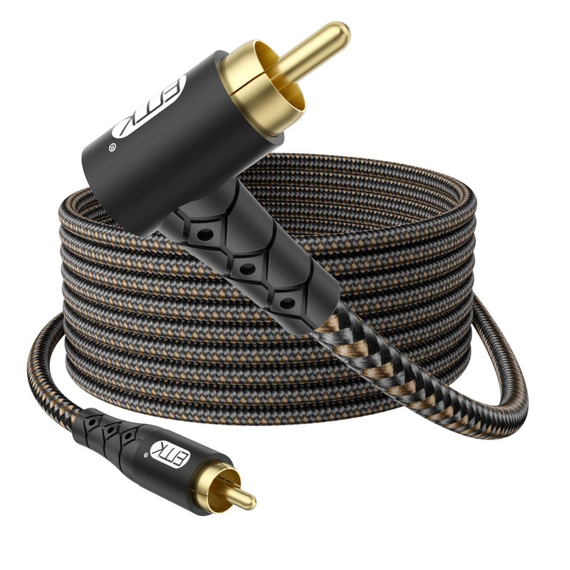 EMK 90 Degree RCA Subwoofer Cable 24K Gold-Plated Connector Nylon Braided Double Shielded â€“ Support Digital & Analog Signals for Amplifier, Home Theater, Hi-Fi System,Subwoofer Black/15ft/5m - Image 1