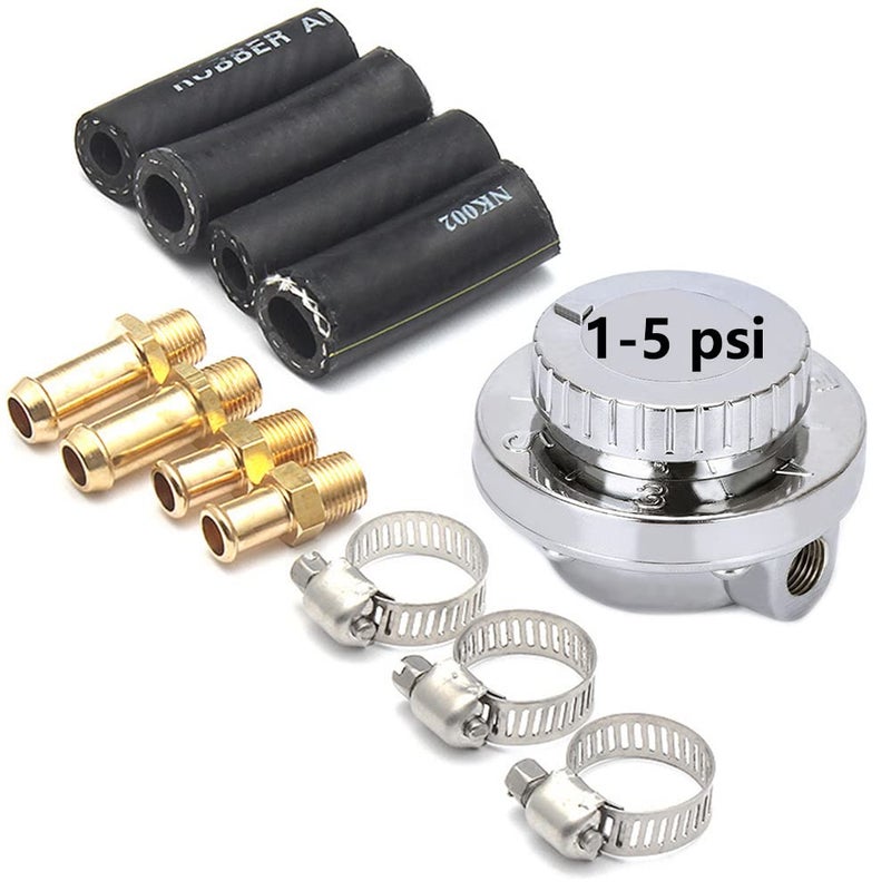 HTRACING 1-5 PSI Fuel Pressure Regulator Adjustable Manual Universal for Carburetor Carb Zinc Alloy FPR with 8MM 10MM (5/16" 3/8") Hose Fittings
