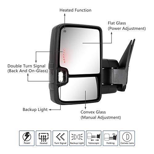 Sanooer Towing Mirror for Silverado Sierra - Compatible with 1999-2002 Chevy Silverado GMC Sierra Tow Mirror with Power Adjusted Heated Glass Turn Signal Light Backup Lamp Side Mirror Extendable Pair - Image 2