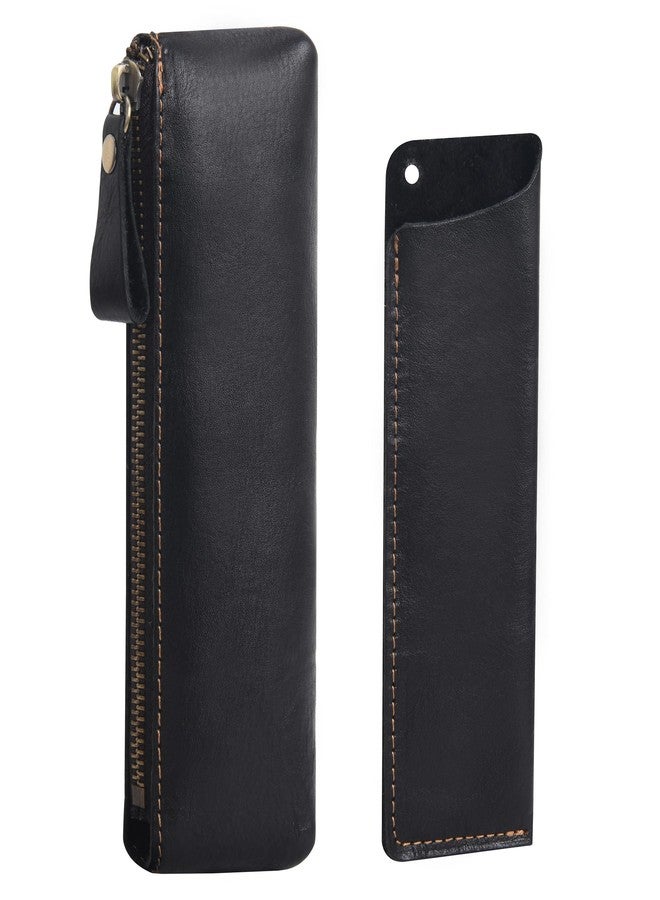 WONDERPOOL Leather 1pc Pencil Case & 1pc Fountain Pen Holder - Portable Compact Drawing Marker Pen Stationery Pouches for Office Travel Home Organizer (Black) - Image 1