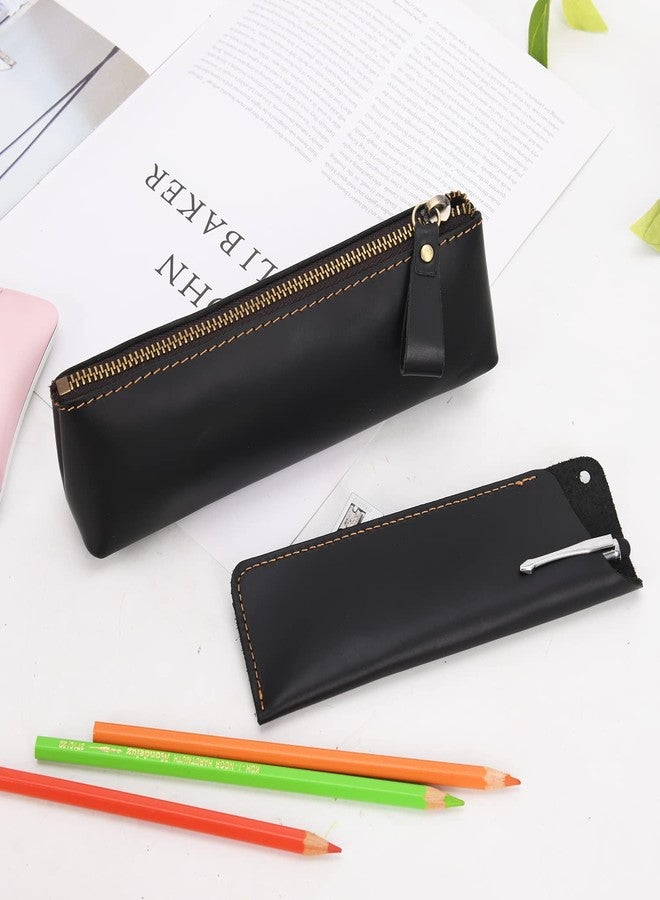 WONDERPOOL Leather 1pc Pencil Case & 1pc Fountain Pen Holder - Portable Compact Drawing Marker Pen Stationery Pouches for Office Travel Home Organizer (Black) - Image 3