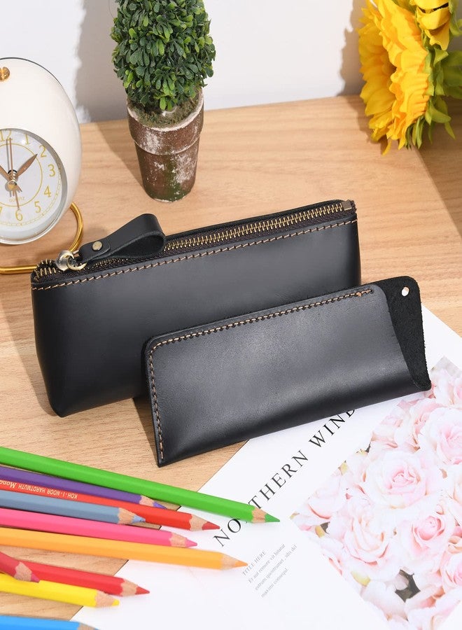 WONDERPOOL Leather 1pc Pencil Case & 1pc Fountain Pen Holder - Portable Compact Drawing Marker Pen Stationery Pouches for Office Travel Home Organizer (Black) - Image 2