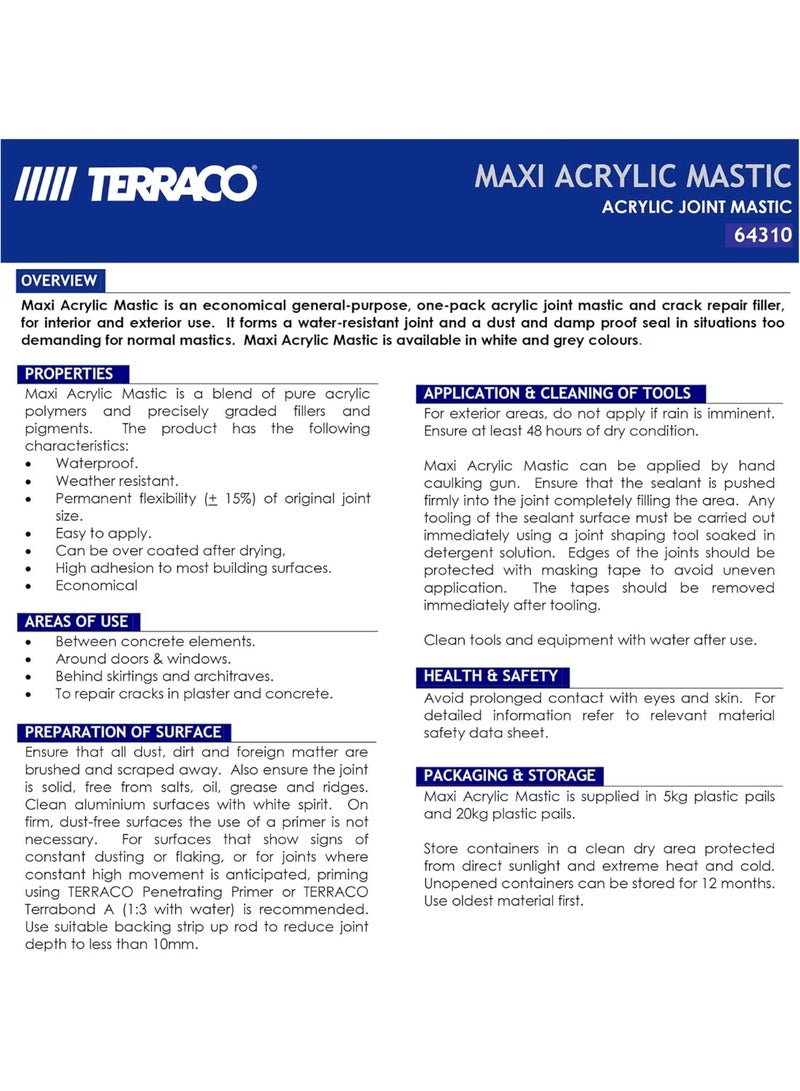 Terraco Maxi Acrylic Mastic Crack Repair Filler, Ready Mixed Waterproof Flexible Sealant for Interior & Exterior Walls, Concrete & Joints (Grey Gallon) - Image 2