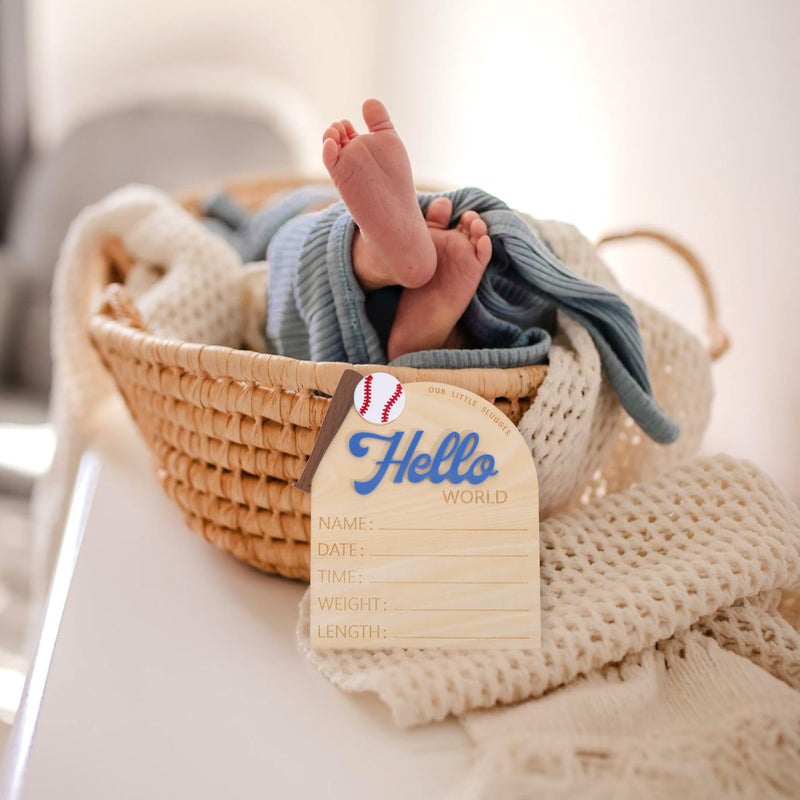 TERJIO Baseball Hello World Bulletin Board - Newborn Birth Record Card Photo Props,Hospital Nursery Decorations,Baseball Birth Information Announcement Sign,Hello World Sports Milestone Wooden Board - Image 4