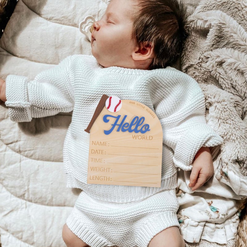 TERJIO Baseball Hello World Bulletin Board - Newborn Birth Record Card Photo Props,Hospital Nursery Decorations,Baseball Birth Information Announcement Sign,Hello World Sports Milestone Wooden Board - Image 5