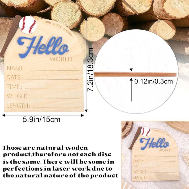 TERJIO Baseball Hello World Bulletin Board - Newborn Birth Record Card Photo Props,Hospital Nursery Decorations,Baseball Birth Information Announcement Sign,Hello World Sports Milestone Wooden Board - Image 2
