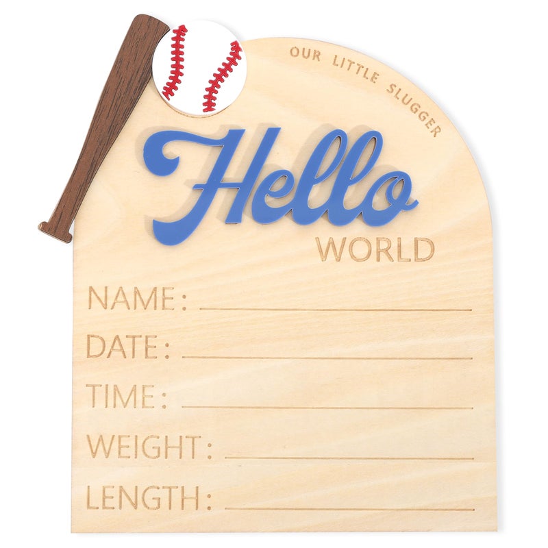 TERJIO Baseball Hello World Bulletin Board - Newborn Birth Record Card Photo Props,Hospital Nursery Decorations,Baseball Birth Information Announcement Sign,Hello World Sports Milestone Wooden Board - Image 1