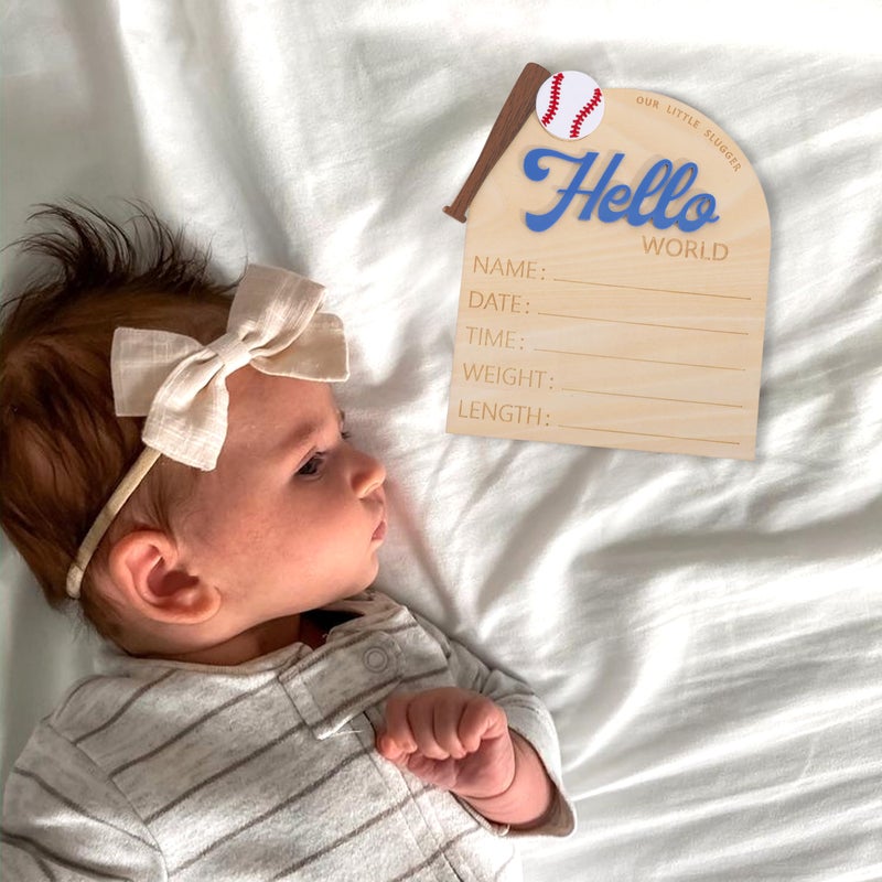TERJIO Baseball Hello World Bulletin Board - Newborn Birth Record Card Photo Props,Hospital Nursery Decorations,Baseball Birth Information Announcement Sign,Hello World Sports Milestone Wooden Board - Image 3