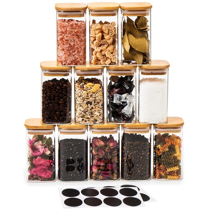 9.5 OZ GLASS JAR BOTTLE, 12 PC SQUARE AIR TIGHT CANISTER STORAGE CONTAINERS WITH NATURAL BAMBOO LIDS AND CHALKBOARD LABELS FOR KITCHEN SPICES, BATHROOM, HOME DECOR, PARTY FAVORS