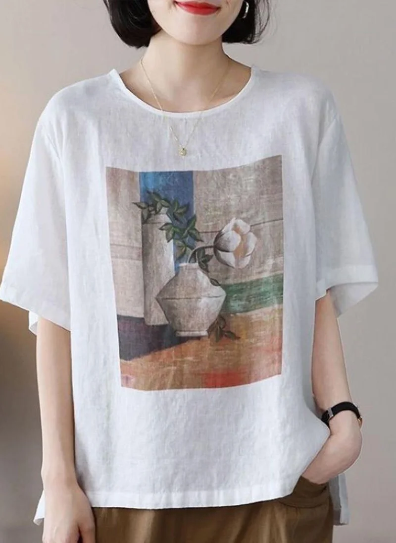 YUNIQEE Off White Round Neck Short Sleeves Printed Top