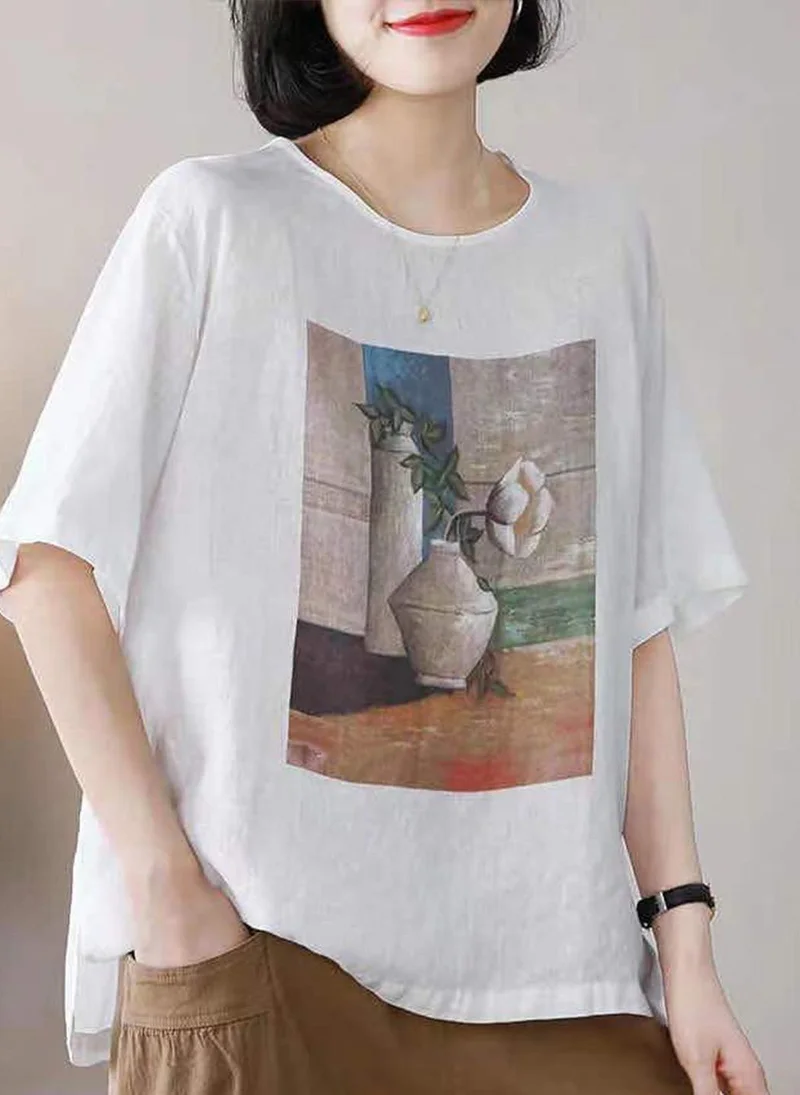 YUNIQEE Off White Round Neck Short Sleeves Printed Top