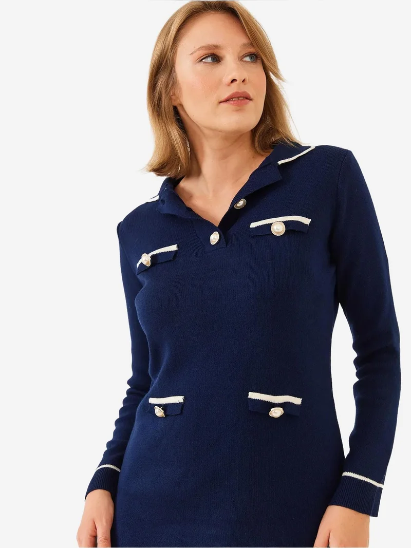 بيانكو لوتشي فستان محبوك مضلع بياقة قميص من لوكسي