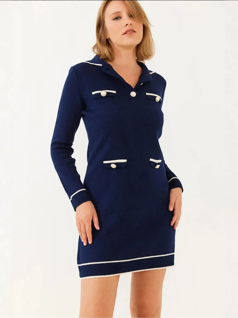 بيانكو لوتشي فستان محبوك مضلع بياقة قميص من لوكسي