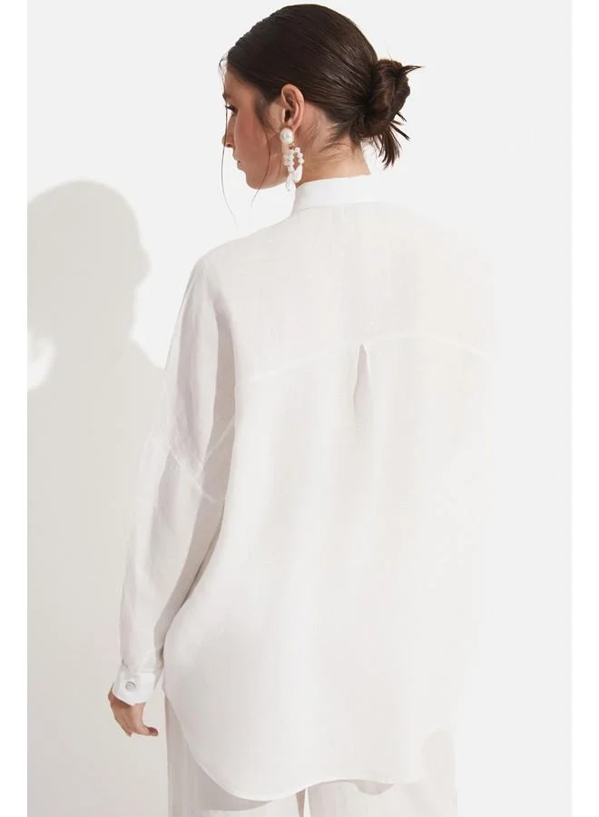 JUNE June Women Exclusive Oversize/Loose Fit 100% Linen Shirt Ecru