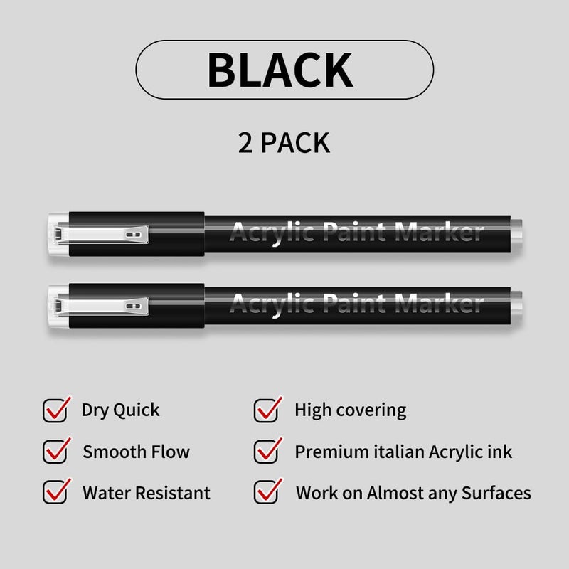 DEYONI 2 Pack Black Acrylic Paint Pens, 0.7mm Extra Fine Tip, Water Based Acrylic Markers for Wood, Paper, Rock Painting, Stone - Image 2