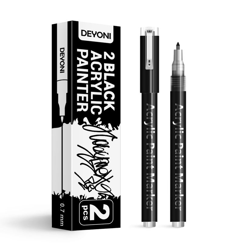 DEYONI 2 Pack Black Acrylic Paint Pens, 0.7mm Extra Fine Tip, Water Based Acrylic Markers for Wood, Paper, Rock Painting, Stone - Image 1