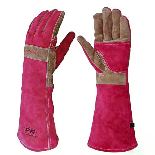 AOUCHI Gardening Gloves for Women, Long Thorn Proof Garden Gloves for Yard Work, Heat Resistant Leather Gloves for Welding, BBQ, Cooking, Fireplace, Chainsaw, Utility, Durable, Rose Red, M - Image 1