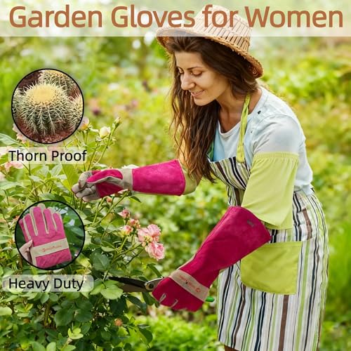 AOUCHI Gardening Gloves for Women, Long Thorn Proof Garden Gloves for Yard Work, Heat Resistant Leather Gloves for Welding, BBQ, Cooking, Fireplace, Chainsaw, Utility, Durable, Rose Red, M - Image 5