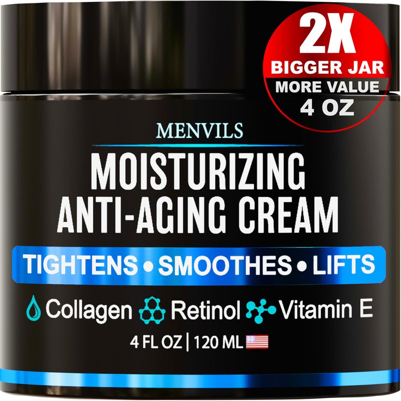 Menvils Mens Face Moisturizer Cream - Anti Aging & Wrinkle for Men with Collagen, Retinol, Vitamins E, Jojoba Oil - Face Lotion - Age Facial Skin Care - Eye Wrinkle - Day & Night - 4 oz - Image 1