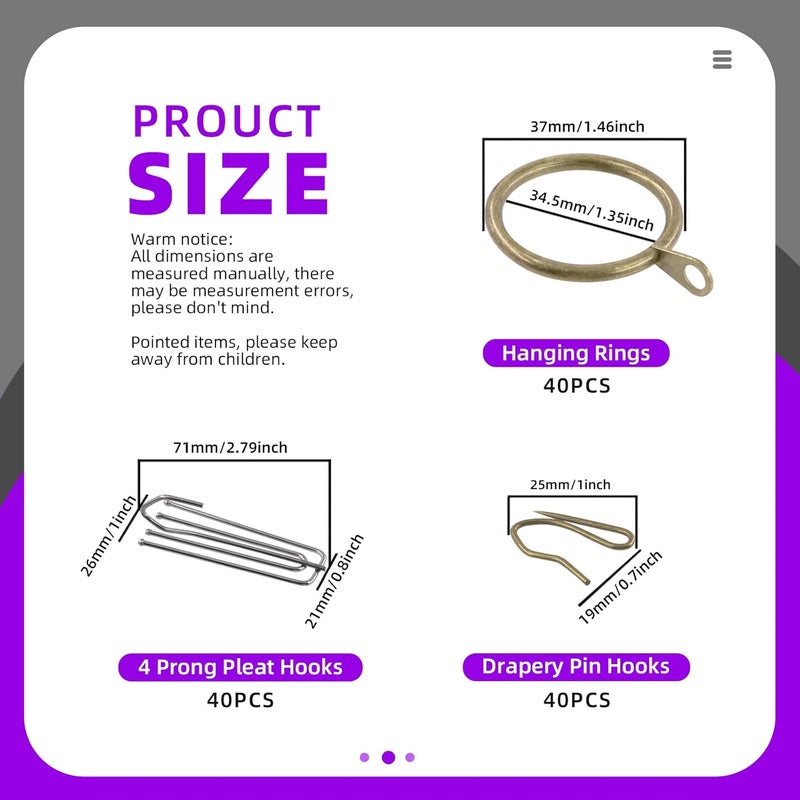 Swpeet 120Pcs Bronze 1.35 Inch - 30mm Metal Drapery Curtain Rings Curtain Hanging Rings and Stainless Steel 4 Prongs Pinch Pleat Hook with Drapery Curtain Pin-on Hooks Pins for Window, Shower Curtain - Image 2