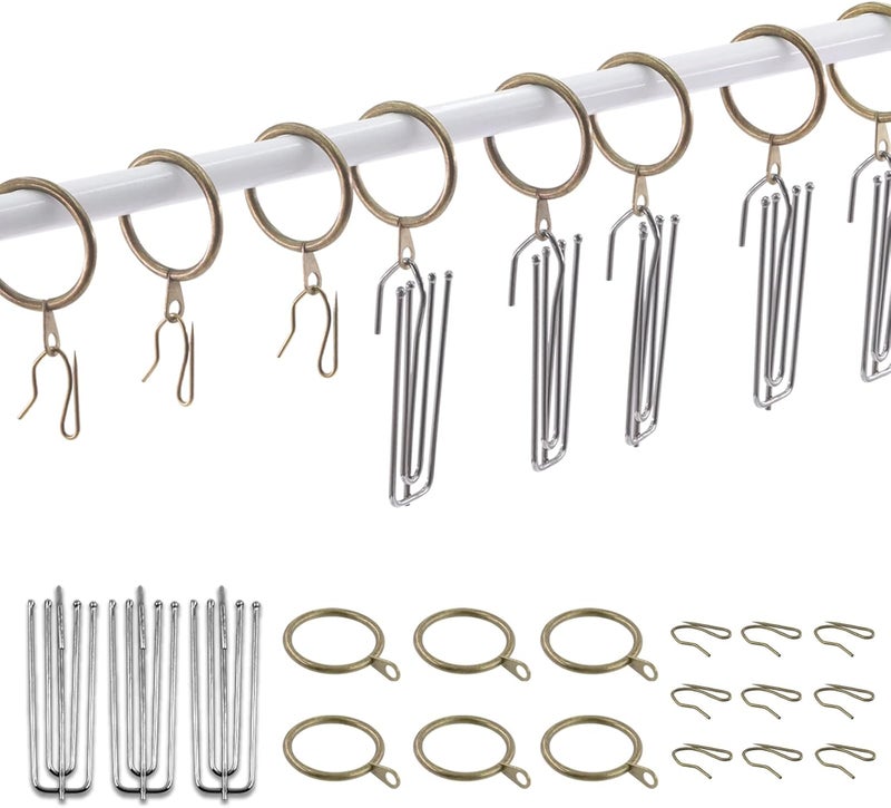 Swpeet 120Pcs Bronze 1.35 Inch - 30mm Metal Drapery Curtain Rings Curtain Hanging Rings and Stainless Steel 4 Prongs Pinch Pleat Hook with Drapery Curtain Pin-on Hooks Pins for Window, Shower Curtain - Image 1