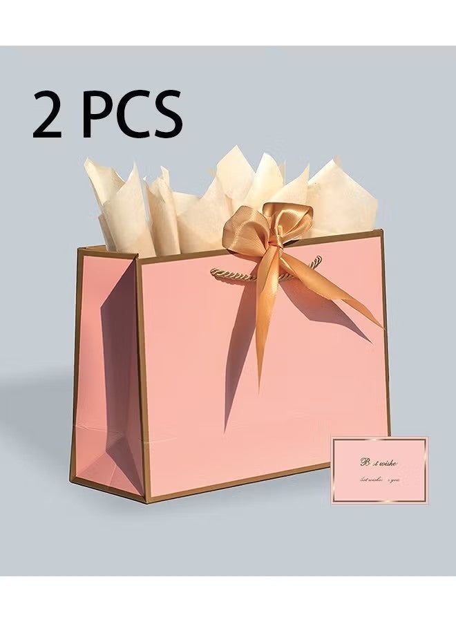 حقيبتان كبيرتان ورديتان للهدايا، أكياس ورقية مزينة بشريط، بطاقات تهنئة وورق مناديل، حقائب حفلات محمولة بمقابض، حقائب هدايا أعياد ميلاد، حقائب هدايا لحفلات الزفاف، مقاس حقائب لوازم الحفلات: 32 سم × 25 سم × 11 سم - Image 2