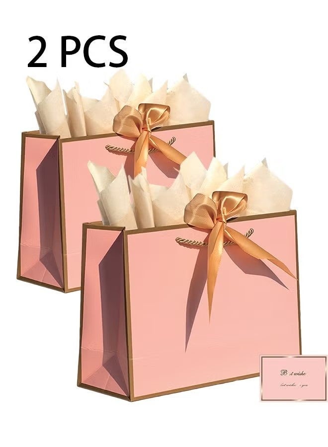 حقيبتان كبيرتان ورديتان للهدايا، أكياس ورقية مزينة بشريط، بطاقات تهنئة وورق مناديل، حقائب حفلات محمولة بمقابض، حقائب هدايا أعياد ميلاد، حقائب هدايا لحفلات الزفاف، مقاس حقائب لوازم الحفلات: 32 سم × 25 سم × 11 سم - Image 1