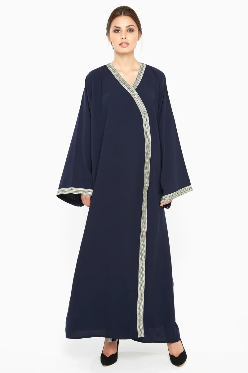 NUKHBAA  A navy blue wrap style abaya with lace detailing by the closing and sleeves-Aj371A for Women | Best Price UAE