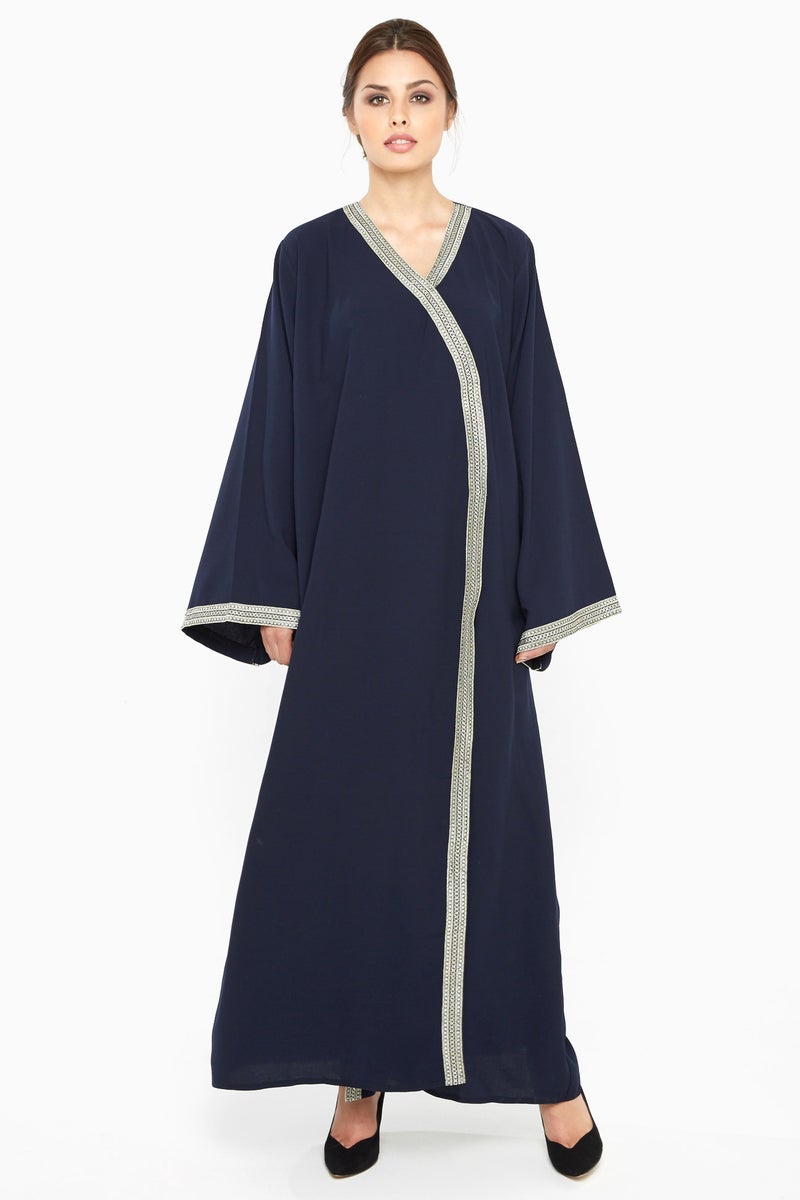 NUKHBAA A navy blue wrap style abaya with lace detailing by the closing and sleeves-Aj371A - Image 2