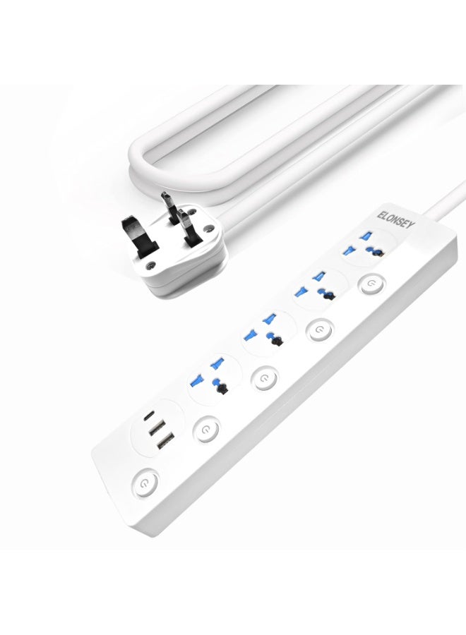 إيلونسي توصيلة كهرباء 4 مخارج و 3 منافذ يوايس بى 3 متر , سلك تمديد طاقة عالمي بطول 3 متر مع 4 مقابس طاقة و3 منافذ USB - Image 1