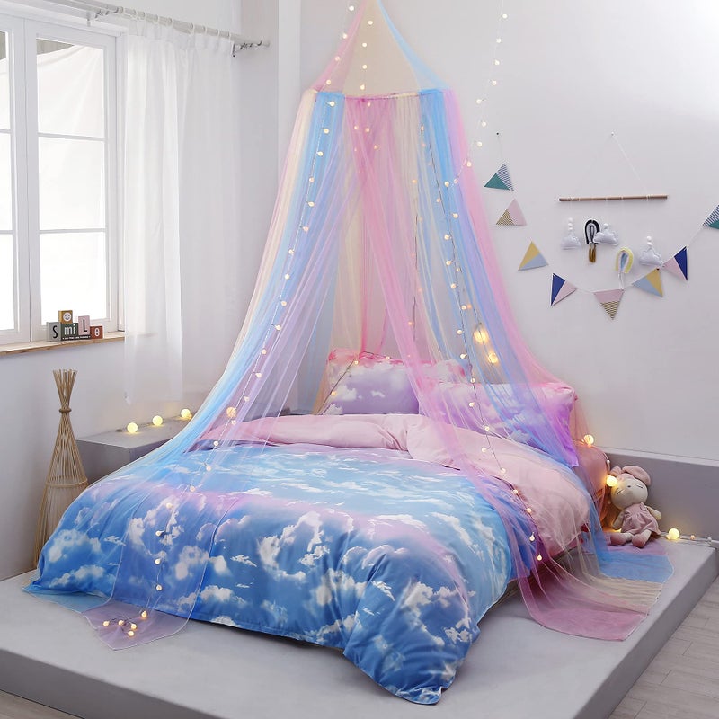 Rainbow Bed Canopy with Lights  Girls Room Bed Netting for Twin Single Full Queen Size Beds  Reading Corners Room Decor