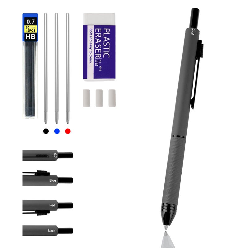 RANBOS 4-in-1 Four-Color Multifunctional Pen, Black/Red/Blue Ballpoint Pen and 0.7mm Mechanical Pencil, Metal Case Pen, Great Gift for Friends, Loved Ones (Gray) - Image 1