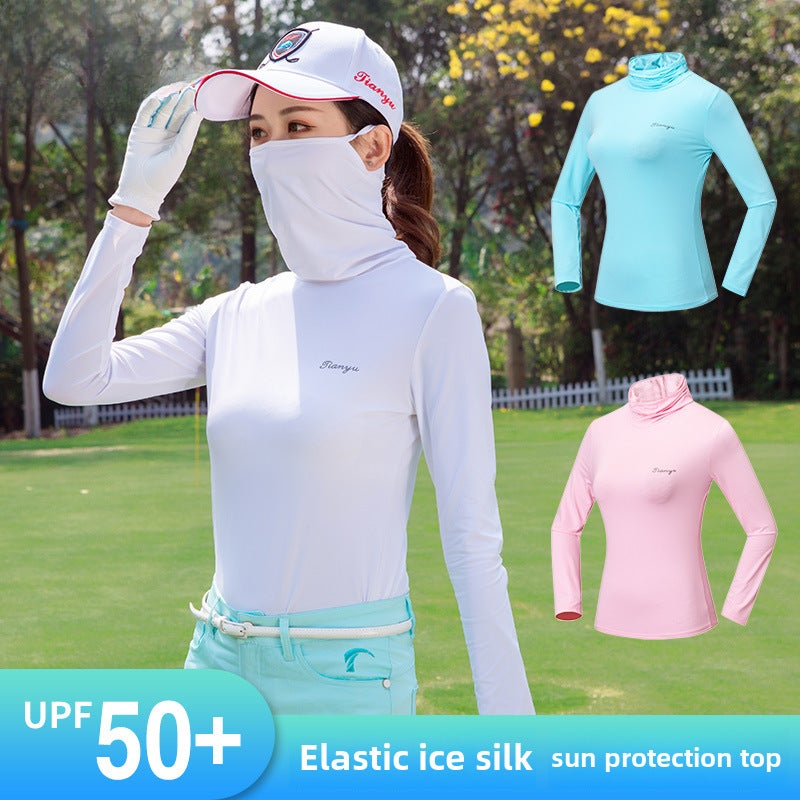 Ladies High-Neck Golf Sun-Protection Ice-Silk Top Black  - Image 3
