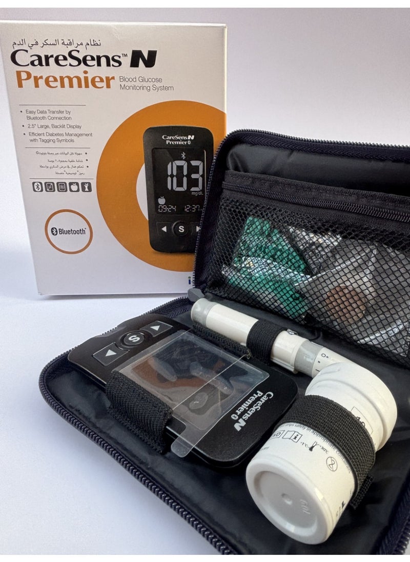 CareSens N Premier Glucose Monitoring System with 1 lancing device,10 lancets, 10 test strips, 2 batteries, Travel case