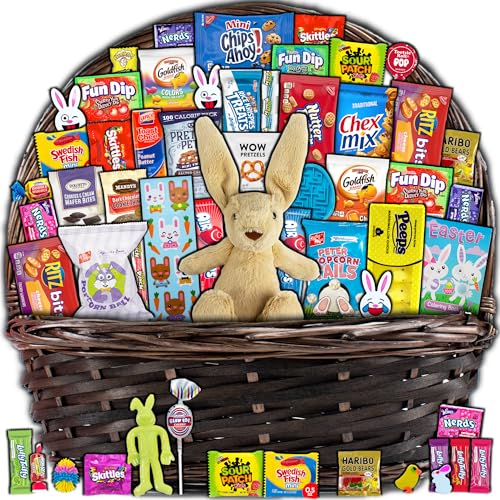 CRAVEBOX Brown Easter Basket for Kids and Adults (55ct) - Already Filled Easter Gift Basket with Plush Easter Bunny, Candy, Snacks, and Treats - Boys, Girls, Grandchildren, Young Children, Toddlers, Men, Women - Image 1