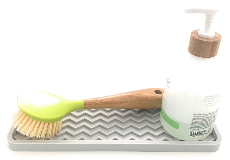 Happitasa Silicone Kitchen Sink Organizer Tray, Sponge Holder and Countertop Protector | Bathroom and Kitchen Soap Dish and Dispenser Tray (Light Grey, 12" x 4", 9.2 Ounces, Zigzag) - Image 2