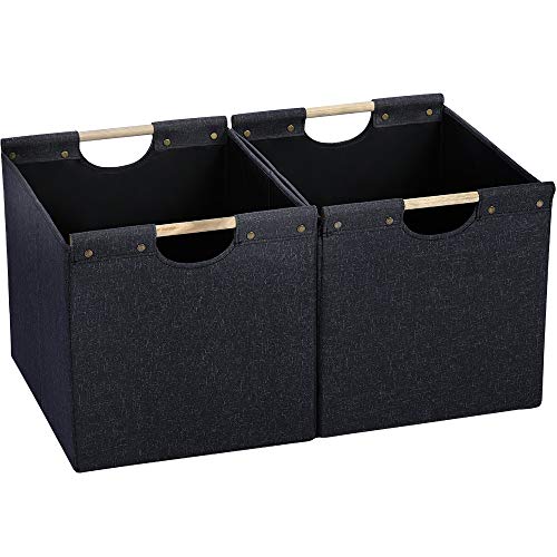 HOONEX HOONEX Large Collapsible Storage Bins Linen Fabric 2 Pack Storage Baskets with Wooden Carry Handles and Sturdy Heavy Cardboard for Home Office Car Nursery Dark Grey