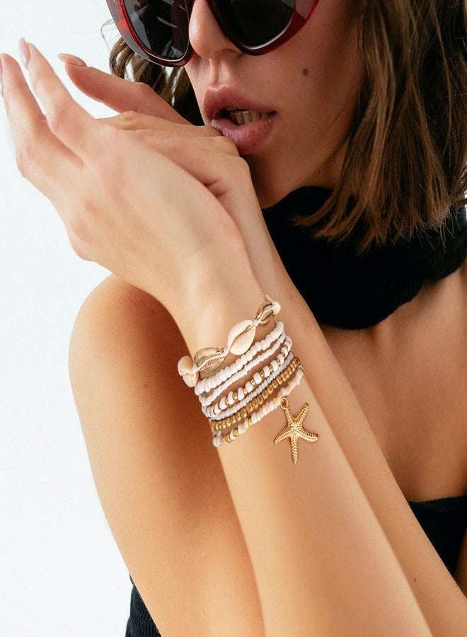 سكاي فن أساور شاطئ صيفية من SKYFUN للنساء، بتصميم بوهيمي قابل للتكديس، طقم أساور هيشي راكبي الأمواج، أساور صداقة بوهيمية مرنة مزينة بأصداف البحر ونجم البحر، مثالية لحفلات الشاطئ الصيفية والعطلات، هدية مجوهرات، 7CPS - Image 2