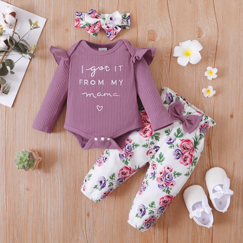 DISAUR Newborn Girl Long Sleeve Outfits Purple Ruffle Romper Flower Pants Fall Outing Photograph Wearing 6 Months 12 Months - Image 2