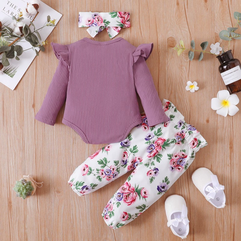 DISAUR Newborn Girl Long Sleeve Outfits Purple Ruffle Romper Flower Pants Fall Outing Photograph Wearing 6 Months 12 Months - Image 4