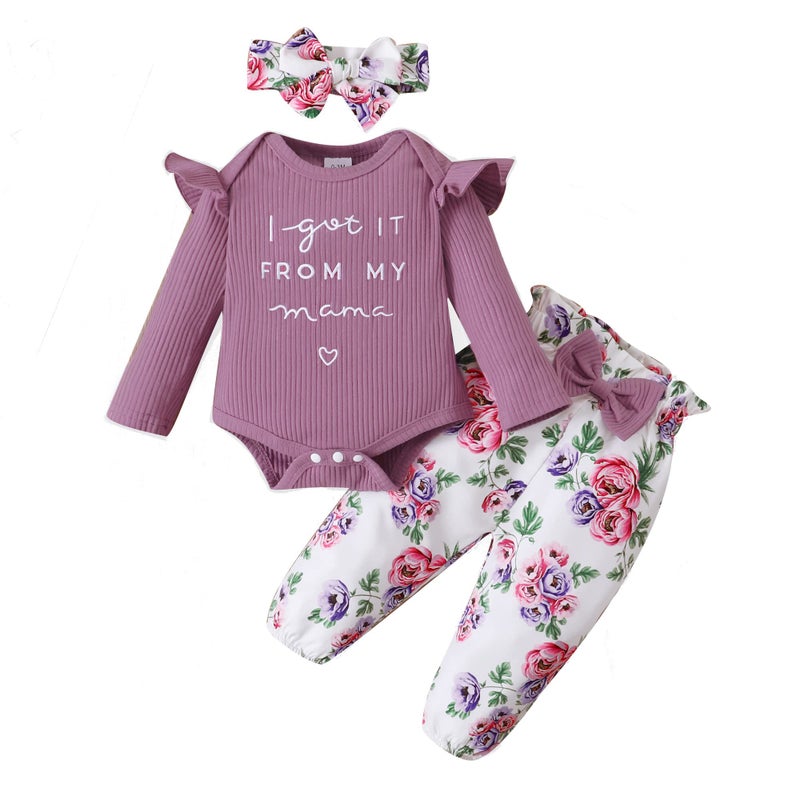 DISAUR Newborn Girl Long Sleeve Outfits Purple Ruffle Romper Flower Pants Fall Outing Photograph Wearing 6 Months 12 Months - Image 1