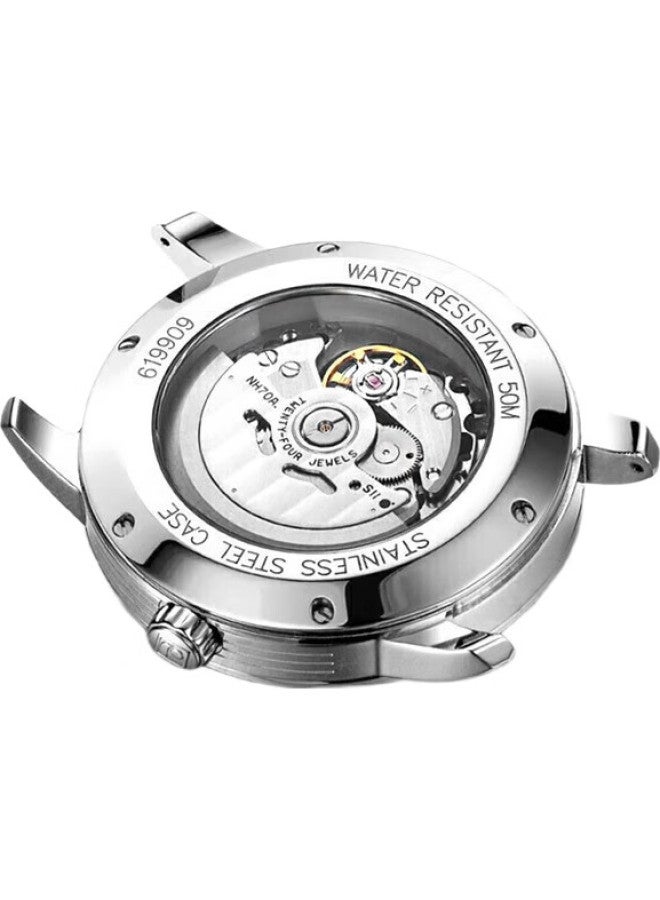 ROSSINI Men'S Watch Birthday Gift Luminous Hollow Mechanical Watch Black Dial Leather Strap 619909 - Image 1