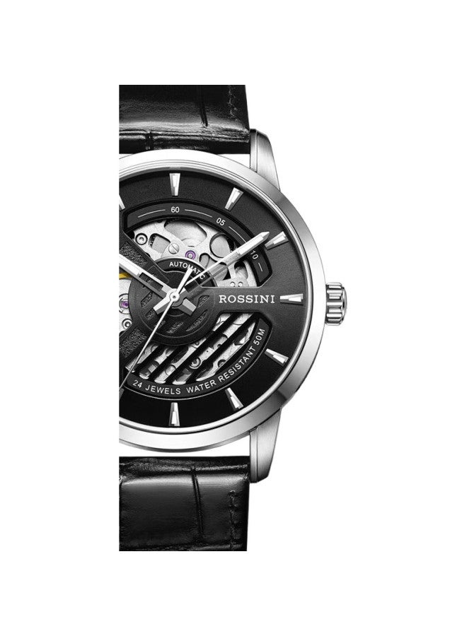 ROSSINI Men'S Watch Birthday Gift Luminous Hollow Mechanical Watch Black Dial Leather Strap 619909 - Image 3