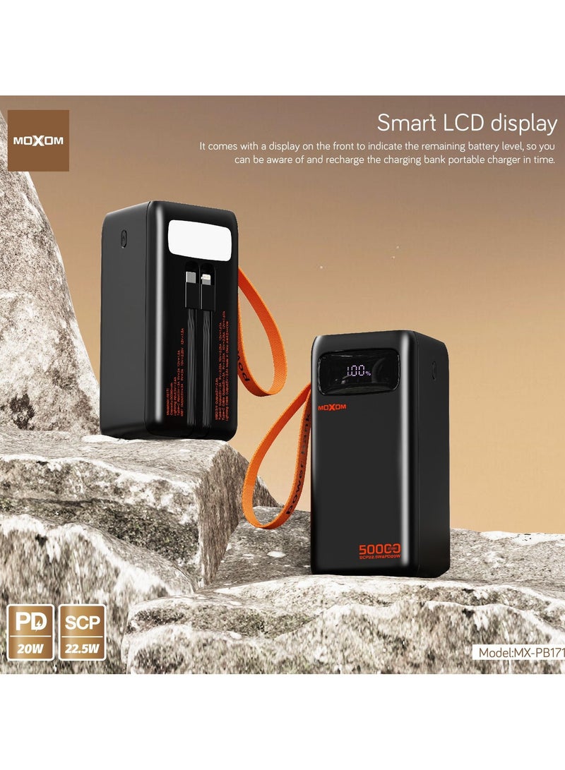 MOXOM 50000mAh Power Bank MX-PB171– PD 20W and SCP 22.5W Fast Charging, LCD Display, Dual Data Cable and Lanyard Included Black - Image 2
